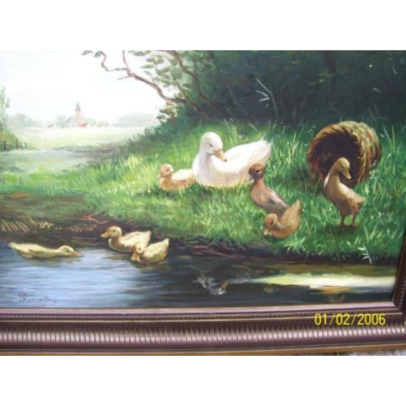 schilderij van roomijn, eend en jonge eenden