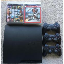 Playstation 3+3 controllers+10 spellen+kabels+oplaadkabel